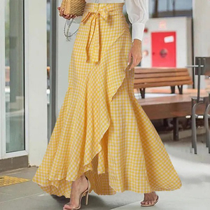 Channel S-5XL Plus Size Women's Casual High Waist Plaid Solid <strong>a</strong> <strong>Line</strong> Irregular Ruffle Hem Fishtail Maxi <strong>Skirt</strong> Elegant - Product Image 2