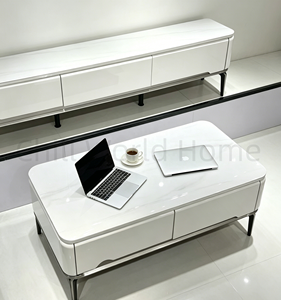 Meuble TV de Luxe Léger, Table Basse avec Tiroirs de Rangement, <span class=keywords><strong>Bois</strong></span> Massif et Pierre Technologique, Ensemble de Meubles de Divertissement Minimaliste pour Salon - Product Image 3