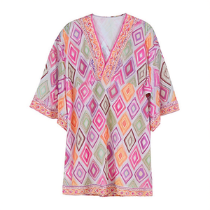 Camicia da spiaggia a maniche corte con motivo a rombi 88x54cm, scollo a V, copricostume - Product Image 2