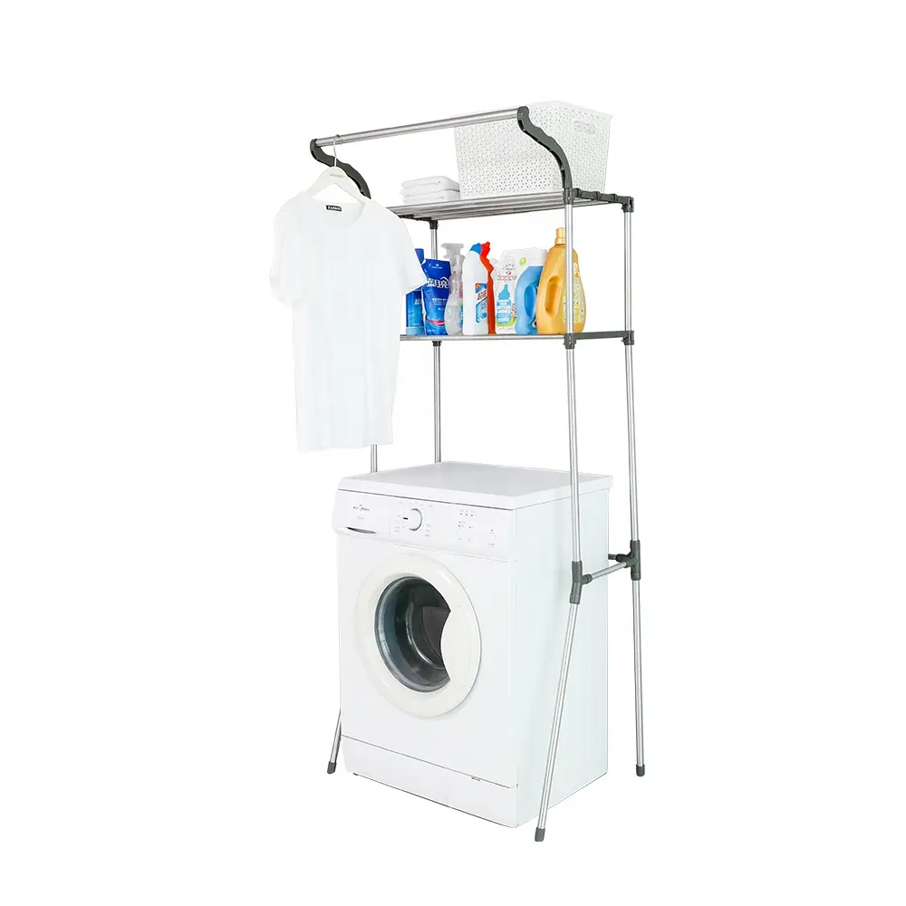 BAOYOUNI 2 Tier Stainless Steel Storage Washing Machine Stand Bathroom Space Saver Organizer Rack ShelfとHanging Rod