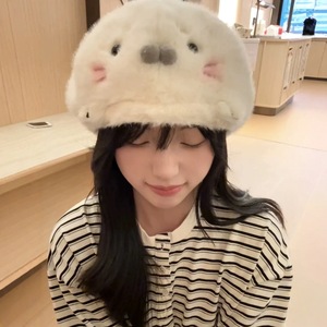 Gorro de Felpa Blanco con Diseño de Dibujos Animados, Reversible, Estilo Pintor, para Mujer, Invierno - Product Image 1