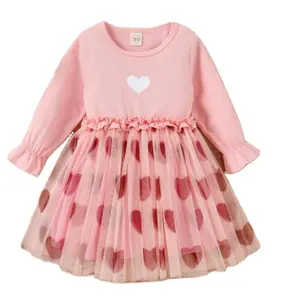 Vendita calda autunno inverno ragazza amore stampa cuciture gonna di garza ragazza vestito san valentino principessa vestito personalizza la dimensione