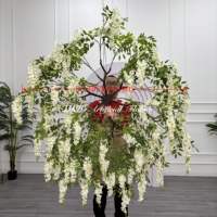 Fleurs artificielles en soie blanche DKB Wisteria suspendues pour plafond, design rond, 140 cm de diamètre, fleurs blanches et vertes, décoration de plafond