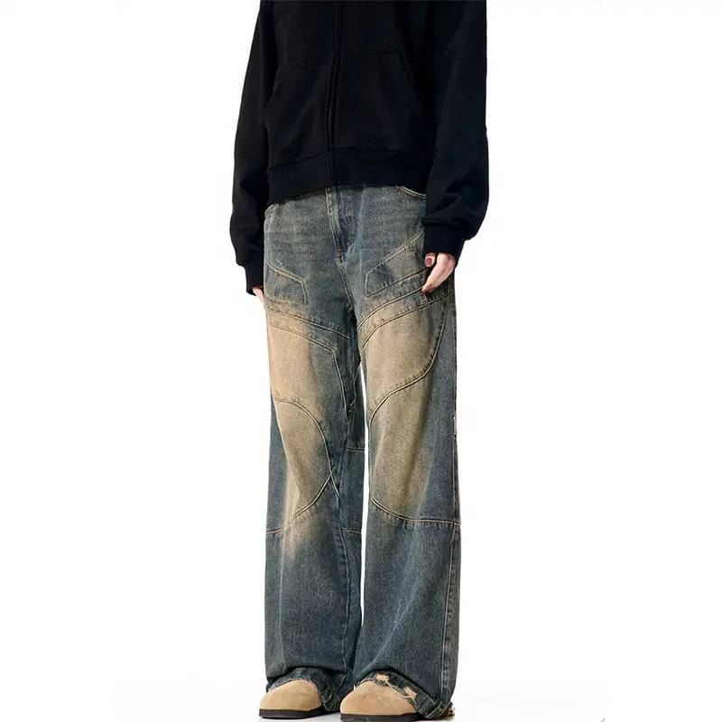 New OEM/ODM Punk Style Jeans fashion streetwear Men's Washed Retro Wide Leg Straight Loose Burr Unisex Pants