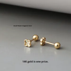 Pendientes <span class=keywords><strong>de</strong></span> <span class=keywords><strong>Oro</strong></span> <span class=keywords><strong>Puro</strong></span> Coreano <span class=keywords><strong>de</strong></span> 14K <span class=keywords><strong>para</strong></span> <span class=keywords><strong>Mujer</strong></span>, Diseño <span class=keywords><strong>de</strong></span> Flor <span class=keywords><strong>de</strong></span> Cuatro Pétalos Facetada con Láser, Pequeños, con Cierre <span class=keywords><strong>de</strong></span> Rosca, Joyería Femenina - Product Image 2