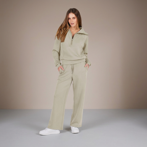 Women 2 Piece Knitted <b>Set</b> Solid Color Stand Collar Zipper Long Sleeve Loose Fit Casual Wear Full Length Pants and Top - Product Image 4