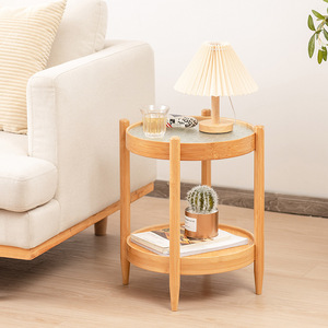 Round <b>Side</b> <b>Table</b> With <b>Glass</b> Top And Wood Frame For Living Room Sofa Coffee <b>Table</b> Storage Rack - Product Image 1