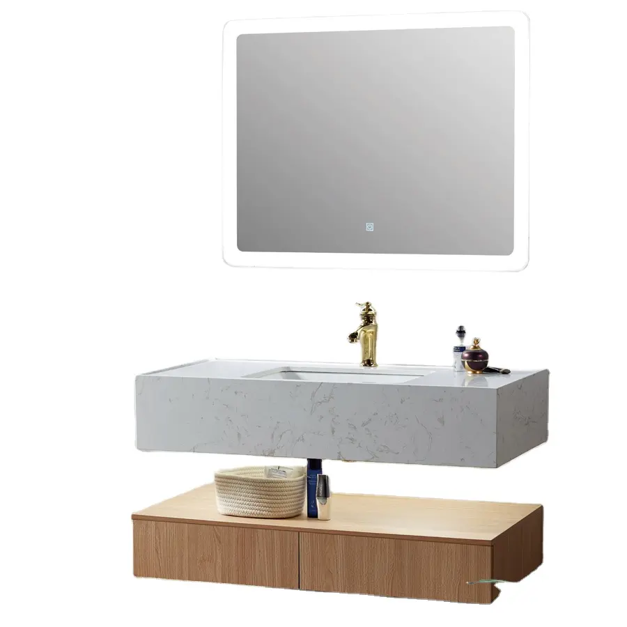 Mueble para el hogar personalizado con espejo LED, tocador de baño de madera, lavabo de mármol artificial, mueble con CARB y certificado EPA