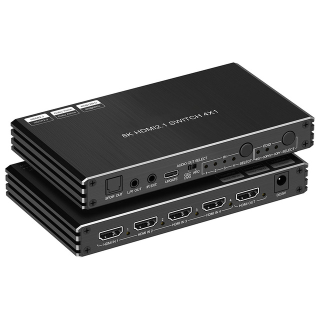8k hdmi Switch 4x1 hdmi 2.1 Switch with Audio Extractor 4 Input 1 Output Mit Rs232 hdmi Switch Splitter with Ir Remote Control