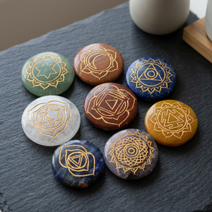 Handmade Gemstone <b>Chakra</b> Stones <b>Set</b> Carved With Sacred Geometry Patterns For Reiki Healing And Home Decoration Handmade gemstone - Product Image 3
