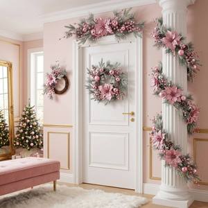 Guirlande de Noël artificielle <span class=keywords><strong>à</strong></span> fleurs roses, guirlande de pin floquée avec des décorations pour <span class=keywords><strong>la</strong></span> décoration de <span class=keywords><strong>la</strong></span> porte d'entrée de mariage - Product Image 6