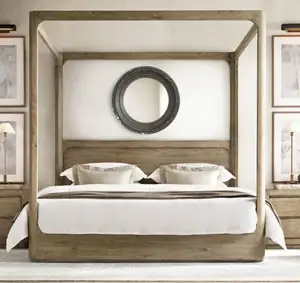 Muebles de estilo francés para dormitorio, mueble de cama doble clásico de madera antigua de cuatro postes, tamaño king-size