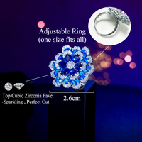 Bague Fleur Grande Taille Ajustable en Zircon Cubique Bleu de Luxe pour Femme, Accessoire de Robe de Mariée et de Soirée