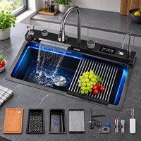 Évier de cuisine intelligent moderne en SUS304 avec robinet cascade, lave-tasses, égouttoir enroulable, affichage numérique et kit d'accessoires