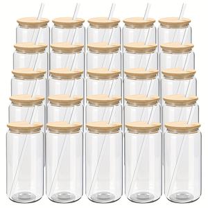 أكواب زجاجية شفافة فارغة سعة <span class=keywords><strong>16</strong></span> أونصة على شكل علبة مشروبات مع غطاء من الخيزران وقش، للعصير والمشروبات الغازية والمشروبات الباردة، متوفرة في مستودعات الولايات المتحدة - Product Image 1