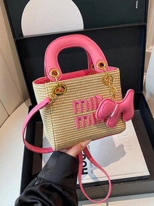 Luxury Designer Inspired <b>Straw</b> Mini Tote <b>Bag</b> Women With Embroidery Lettering Crossbody - Product Image 4