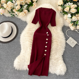 Populaire Robe Femme Dame Élégante Coréenne Couleur Unie Boutonnée Slim Manches Courtes Tricotée Fendue Moulante - Product Image 4