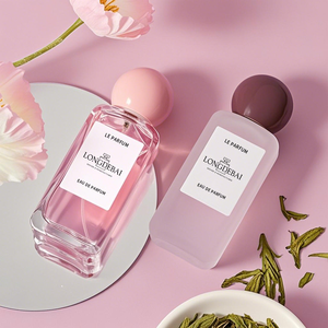 Botella de perfume de vidrio transparente vacía, moderna y personalizada, de 30ml, 50ml, 100ml, cuadrada, con caja rosa. - Product Image 3