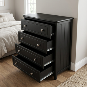 Commode de rangement en bois à 4 tiroirs avec rails de glissement lisses et poignées robustes en alliage - Grande capacité et style européen (Blanc/Noir) - Product Image 1