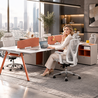 Poste de travail modulaire pour 4 personnes avec cloison de séparation, armoire de rangement latérale, chaise ergonomique en maille, ensemble de bureau BIFMA pour personnel