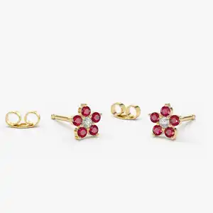 VLOVE Trendy Gold Metal Jewelry Wholesale Diamond Earrings 14K Emerald/Ruby/Sapphire and Diamond Flower Studs