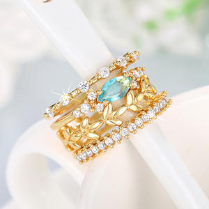 T0771 Bagues pour femmes en or avec pierre précieuse aigue-marine, taille marquise, sertissage pavé, motif végétal, bijoux de fiançailles et de mode - Product Image 3