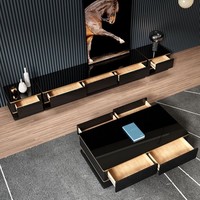 Ensemble table basse et meuble TV en bois massif noir et blanc minimaliste avec tiroirs de rangement pour salon et usage extérieur