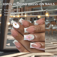 30 faux ongles en amande à presser, dégradé rose, French manucure, motif floral, pour usage professionnel en salon
