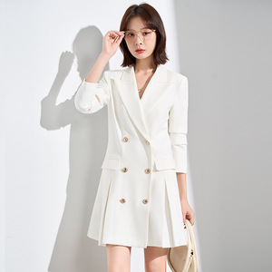 White Suit Dress Double Breasted Pencil Silhouette Office Career Wear Solid Color Notched Neckline Woven Fabric - Product Image 1