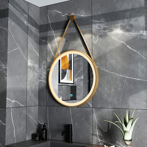 Miroir <span class=keywords><strong>de</strong></span> <span class=keywords><strong>salle</strong></span> <span class=keywords><strong>de</strong></span> <span class=keywords><strong>bain</strong></span> LED rond noir encadré avec sangle en cuir, rétroéclairage halo tactile pour hôtel moderne industriel, vente en gros - Product Image 4