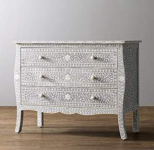 Modern Six-Drawer Solid Wood <b>Nightstand</b> Unique Bone Inlay Pattern Grey <b>White</b> Living Room Home Office Furniture-God Grace - Product Image 1