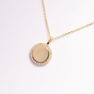 Collier pendentif en diamant en forme de plaque de cercle simple en or jaune 14K bijoux collier pendentif en diamant véritable avec auréole de diamant - Product Image 2