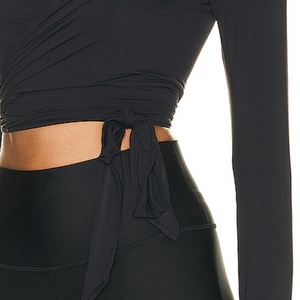 Women's Sports Yoga Tops <b>Black</b> Full <b>Wrapped</b> Bandage Tie Sports Long Sleeve V Neck Yoga Tops and Legging Yoga Sets for Women - Product Image 5