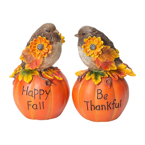 Resina Raccolto Felice Autunno Zucca Figurine con Uccelli Fiore, Assortiti Set di 2 - Product Image 1