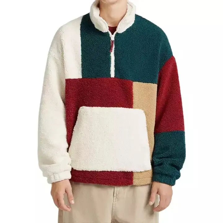 Winter custom high quality design color blocking sherpa sweatshirt half zipper up stand collar pullover men fleece jacket