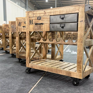 Chariot à vin en bois de manguier rustique moderne, style industriel, meuble de maison avec roulettes pour salon - Product Image 1