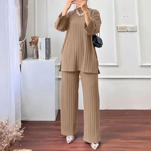Ensemble HANO pour femmes musulmanes, haut à manches longues et pantalon large, couleur unie, style décontracté arabe turc, ensemble simple 2 pièces - Product Image 6