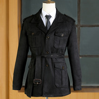 Veste de chasse rétro pour homme TT, style gentleman, multi-poches, en daim, avec ceinture, veste décontractée, veste safari en fausse peau de cerf
