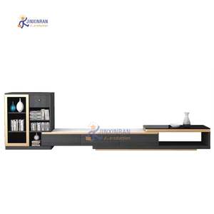 Mueble de Salón Moderno con Soporte para Televisor de Vidrio Telescópico Negro Brillante con Efecto Marmolado y Estantería para Libros - Product Image 6