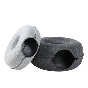 Vendita calda all'ingrosso produttore zipper playable e livable feline nest round wool felt pet beds pet cat tunnel cave