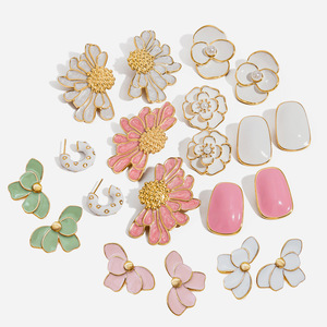 Flower <b>Stud</b> <b>Earrings</b> 18K Gold Plated Stainless Steel White Pink Green Women's Fashion Jewelry - Product Image 1