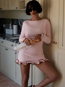 Abito <span class=keywords><strong>Corto</strong></span> Sexy Aderente da <span class=keywords><strong>Donna</strong></span> con <span class=keywords><strong>Maniche</strong></span> <span class=keywords><strong>Lunghe</strong></span>, Tinta Unita, Lavorazione a Maglia Arricciata, Mini Abito Primavera Estate - Product Image 4