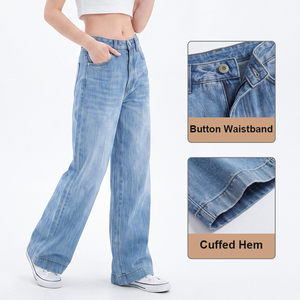 Jeans de Pierna Ancha de Cintura Alta en Azul Claro para Mujer Talla Grande, <span class=keywords><strong>Pantalones</strong></span> Vaqueros Holgados Estilo Vintage, <span class=keywords><strong>Pantalones</strong></span> Casuales de Mezclilla para Uso Diario - Product Image 5