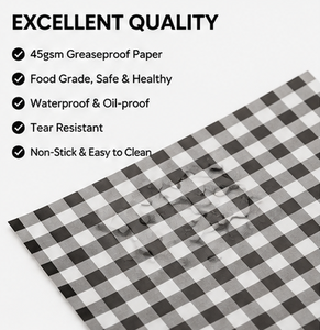 Hojas de Papel Antigrasa a Cuadros Negros, Grado Alimenticio, Impermeables, Antiadherentes, 100 Unidades para Envolver Alimentos - Product Image 3