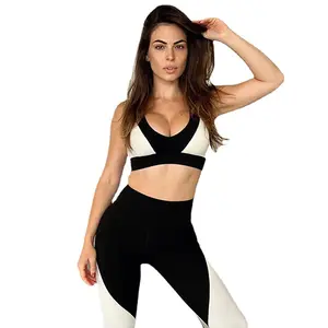 Europe and the United States patchwork color yoga wear women's V-neck sports bra nude high waist and hip lifting fitness set