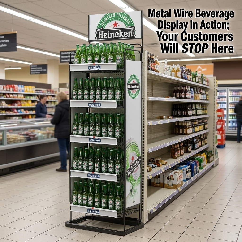 Wholesale Custom Brand Floor Standing Metal Wire Beverage Display Rack Gravity Feed Beer Wine Bottle Soft Drink Promotional Rack — view 2