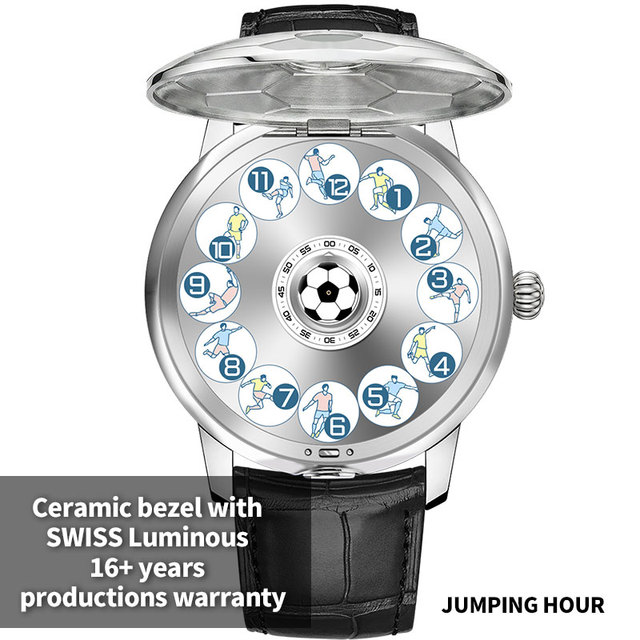 OEM White label Custom Watch with logo branding 9015 automatic Jumping Hour Football Theme Leather Strap Luxury Mechanical Watch