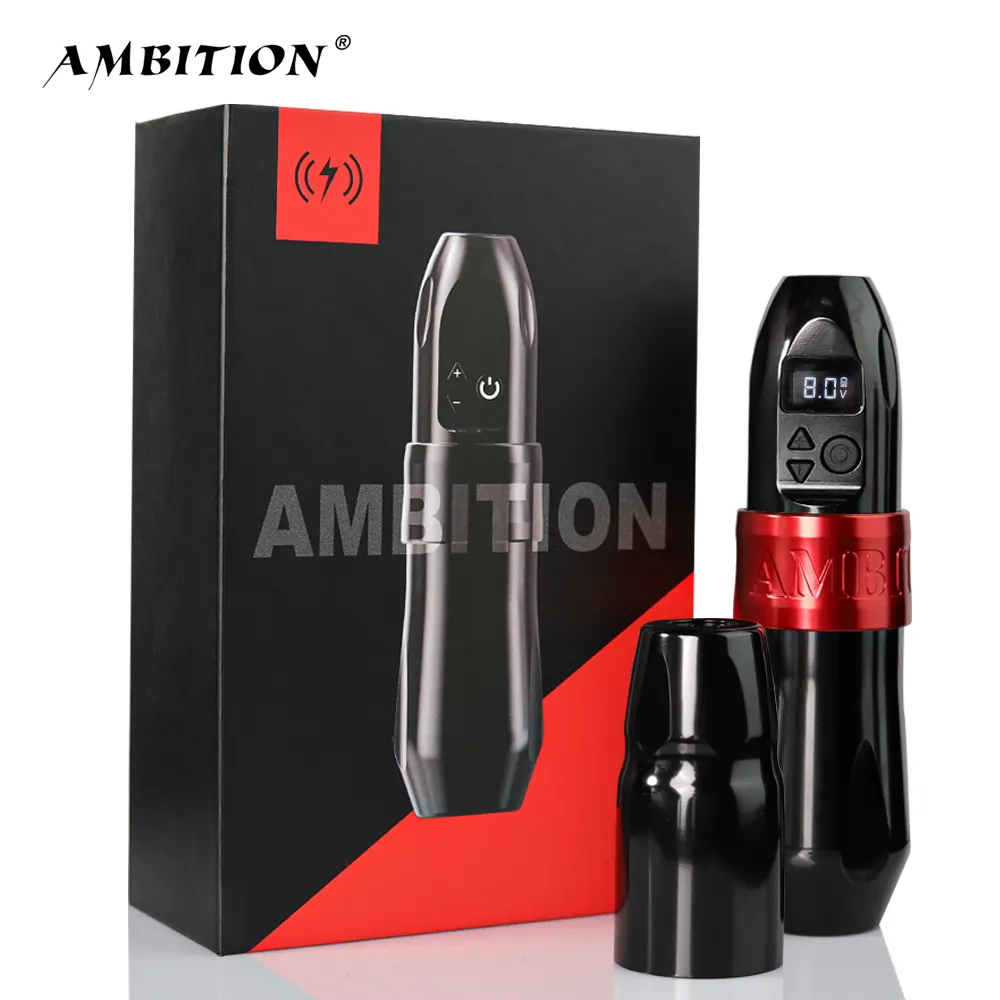 Ambition Boxster Professional Tattoo Gun Rechargeable Wireless Rotary Tattoo Pen Machine with RCA Adapter and Spare Grip