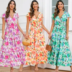 Wholesale Sales 2024 Summer Women's New V-neck Lotus Sleeve Dress Bohemian Print Maxi Dress