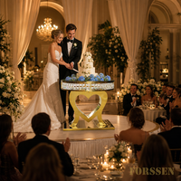 Table à gâteau de luxe en acier inoxydable doré, piédestal en forme de cœur, franges de cristal, design moderne, pour hôtel, salle à manger, mariage, présentation de desserts